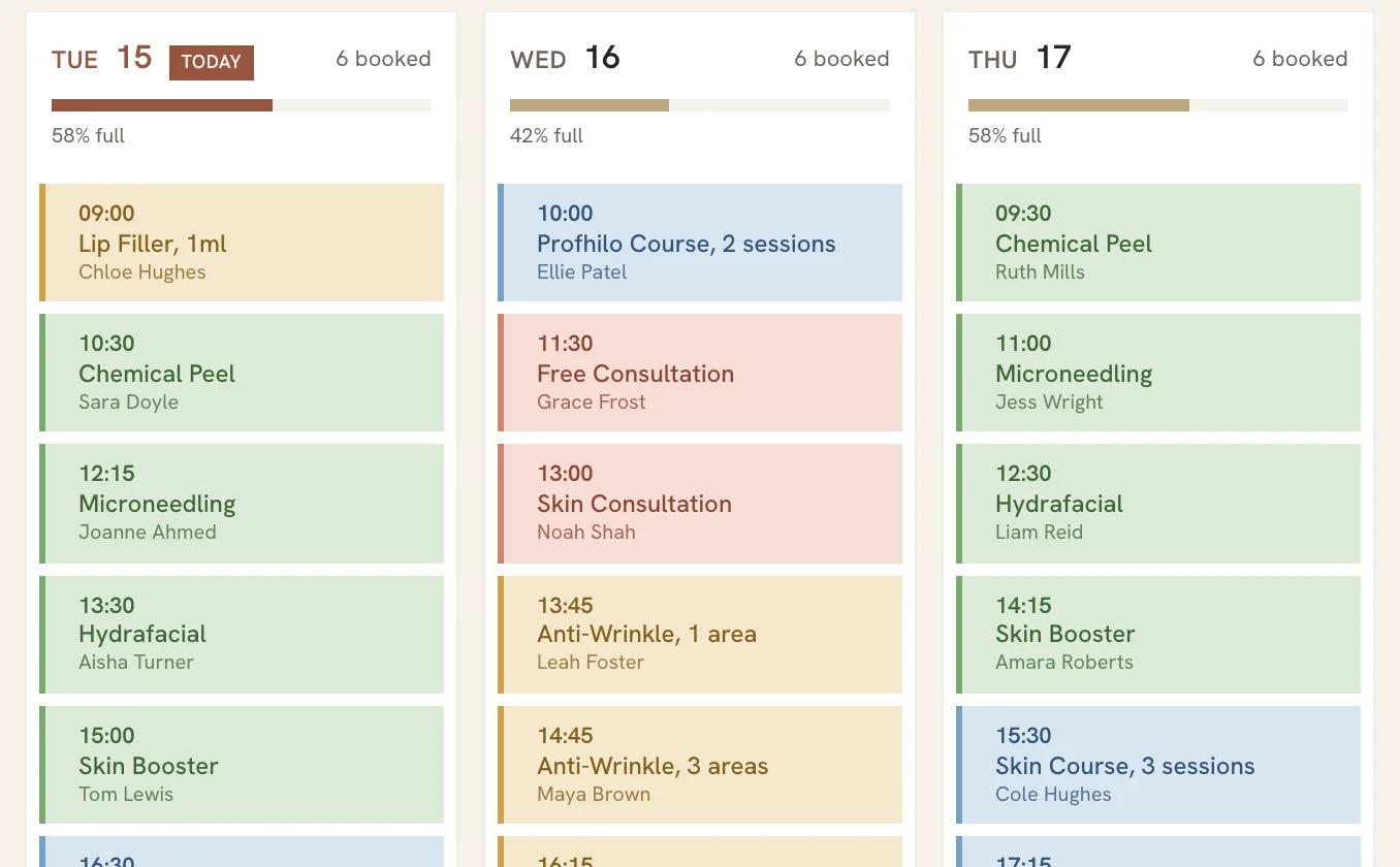 The Mintbook owner calendar for Tuesday 15 to Thursday 17 September, with each day's appointments