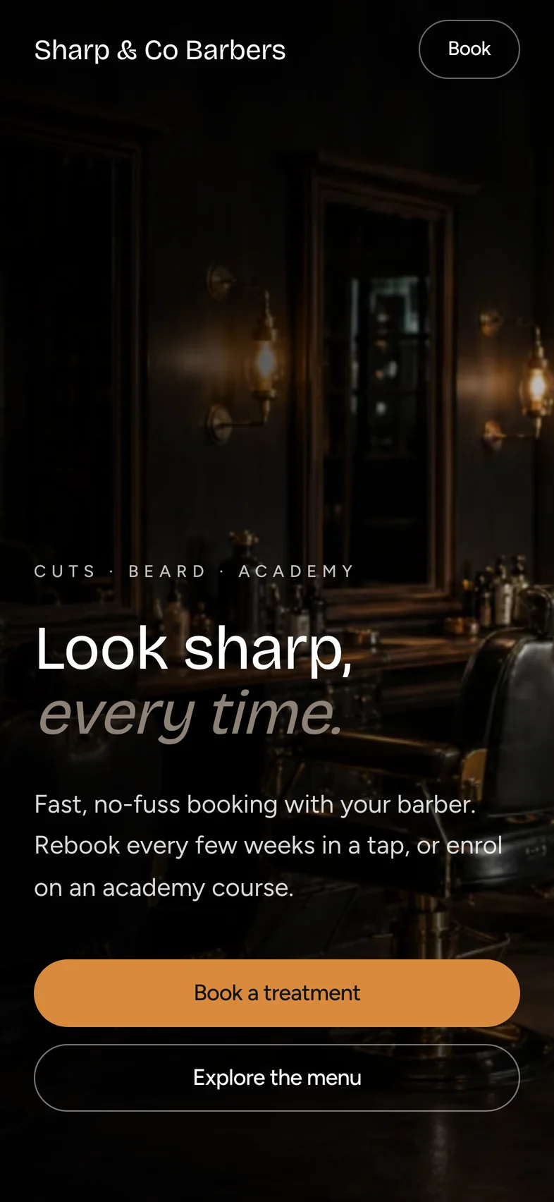 The Sharp & Co Barbers sample booking site on a phone