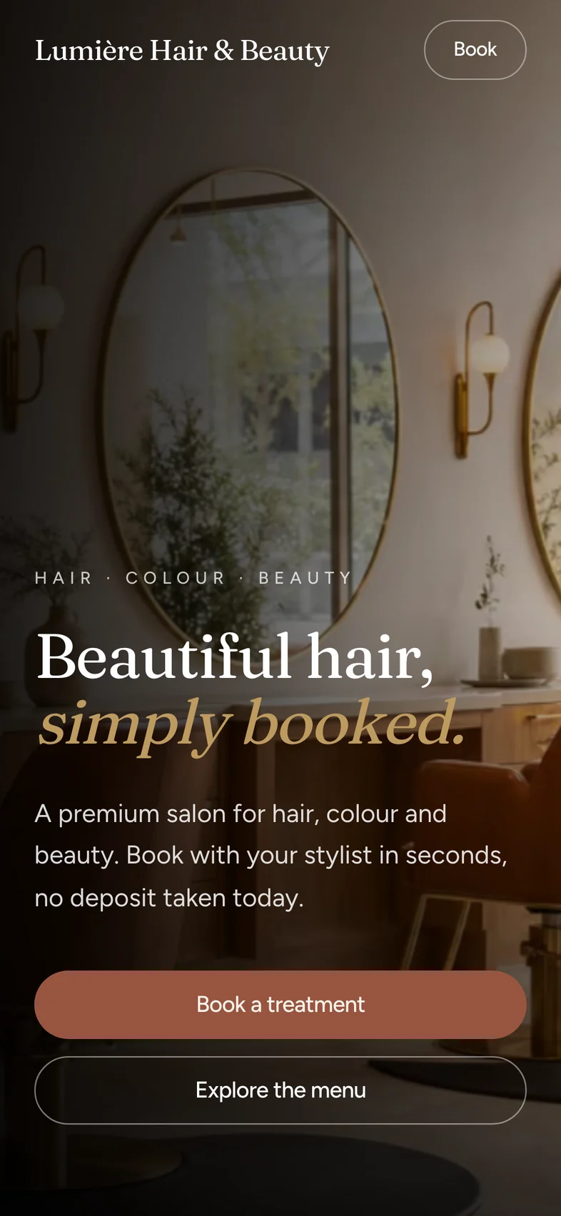 The Lumière Hair & Beauty sample booking site on a phone