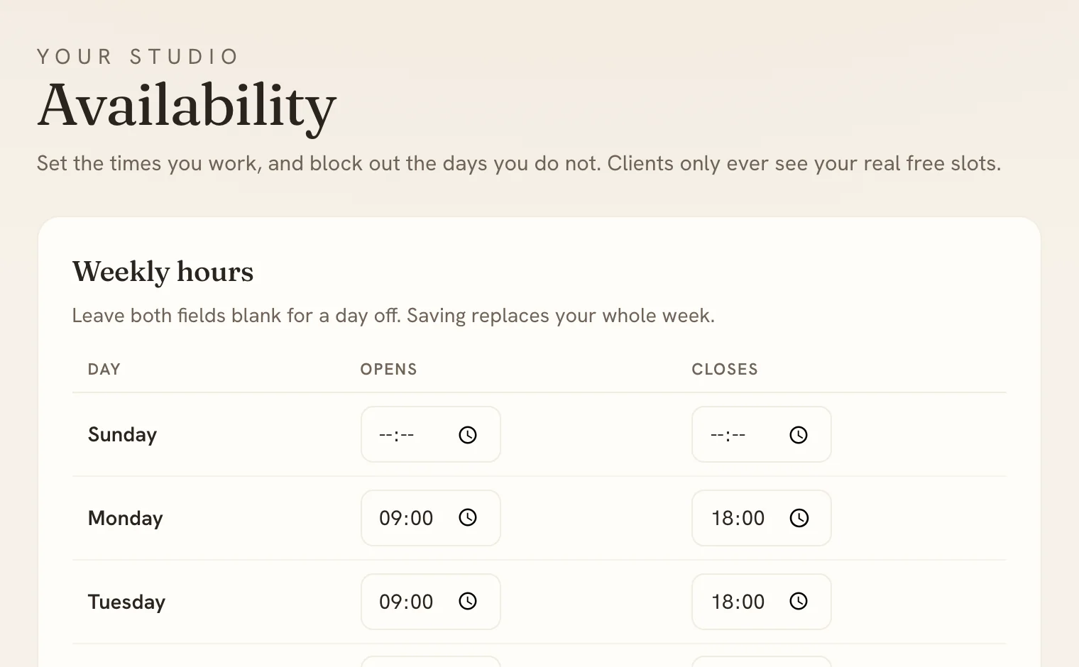 The Mintbook availability screen with weekly opening hours