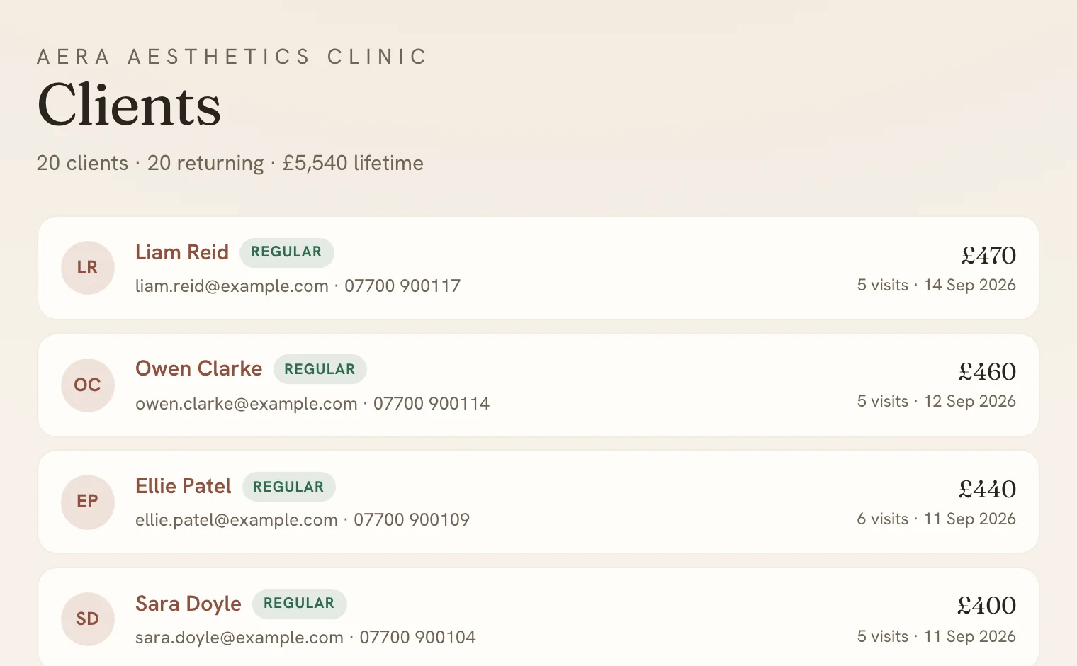 The Mintbook clients list with visits and lifetime spend for each client