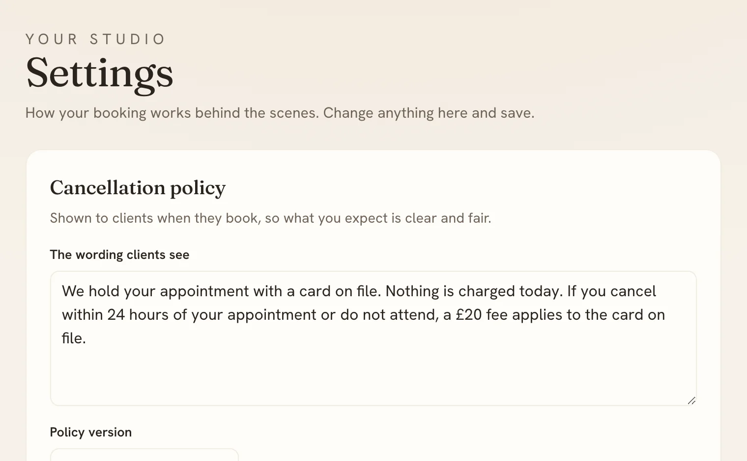 The Mintbook settings screen with the cancellation policy clients see