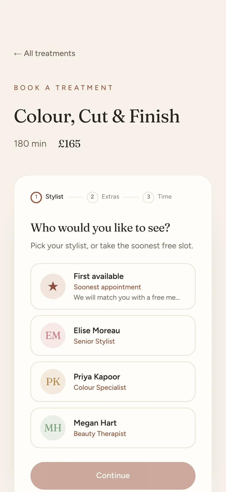 A client choosing a stylist for a Colour, Cut and Finish on the Lumière Hair and Beauty booking site